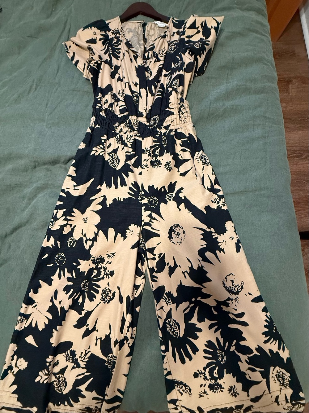 Anthropologie Black and Taupe Floral Wide-leg Jumpsuit (XS)
